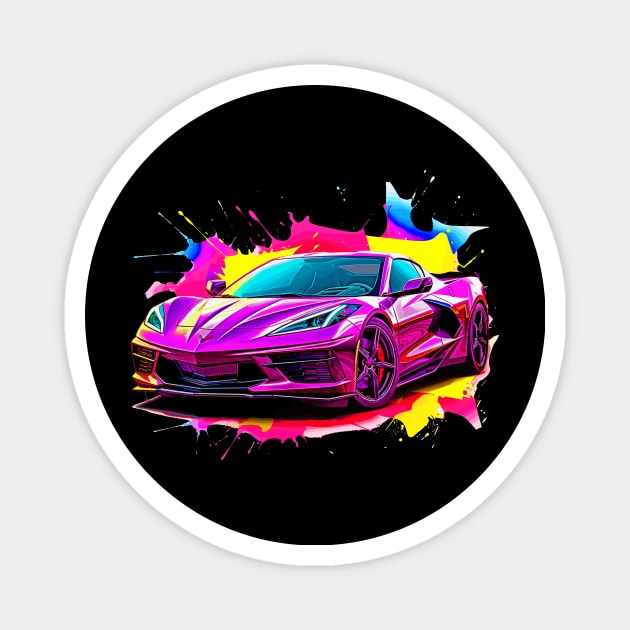 Pink C8 Corvette racecar Splatter Art Supercar Sports car Racing car Magnet by Tees 4 Thee